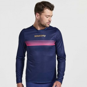 Saucony Elite Long Sleeve Men's T-Shirt Navy | Jeddah QNKJY