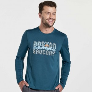 Saucony Stopwatch Graphic Long Sleeve Men's T-Shirt Blue | Jeddah DYXTU