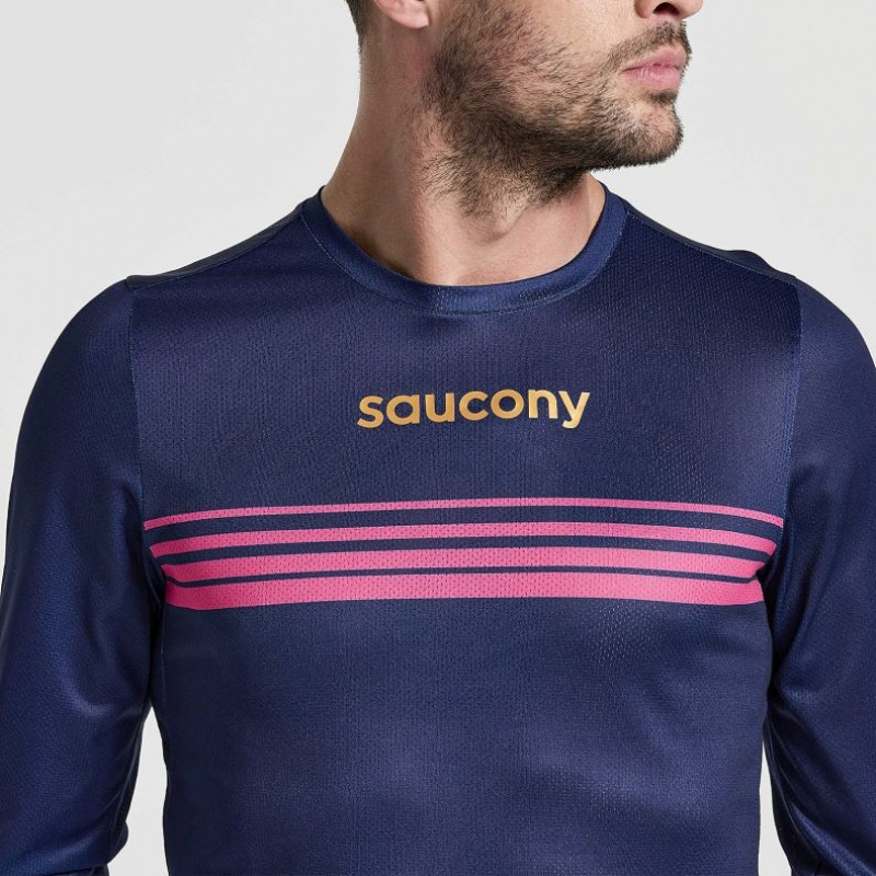 Saucony Elite Long Sleeve Men's T-Shirt Navy | Jeddah QNKJY