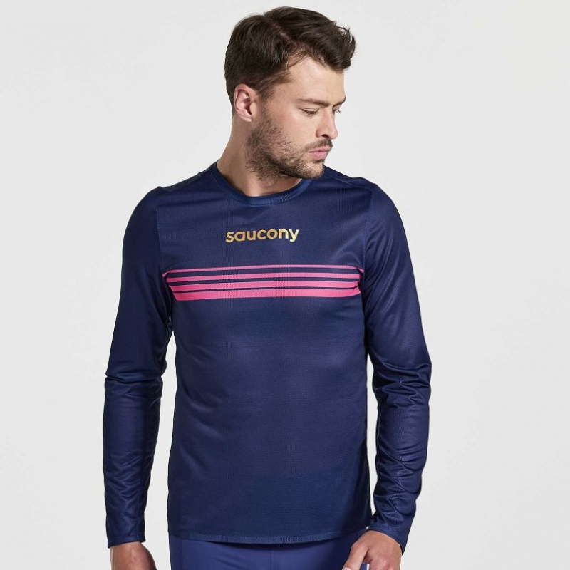 Saucony Elite Long Sleeve Men\'s T-Shirt Navy | Jeddah QNKJY