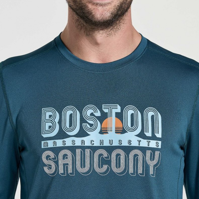 Saucony Stopwatch Graphic Long Sleeve Men's T-Shirt Blue | Jeddah DYXTU