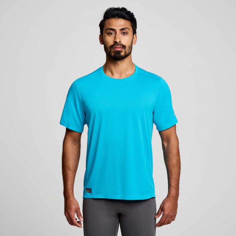 Saucony Stopwatch Short Sleeve Men\'s T-Shirt Blue | KSA YXEAM